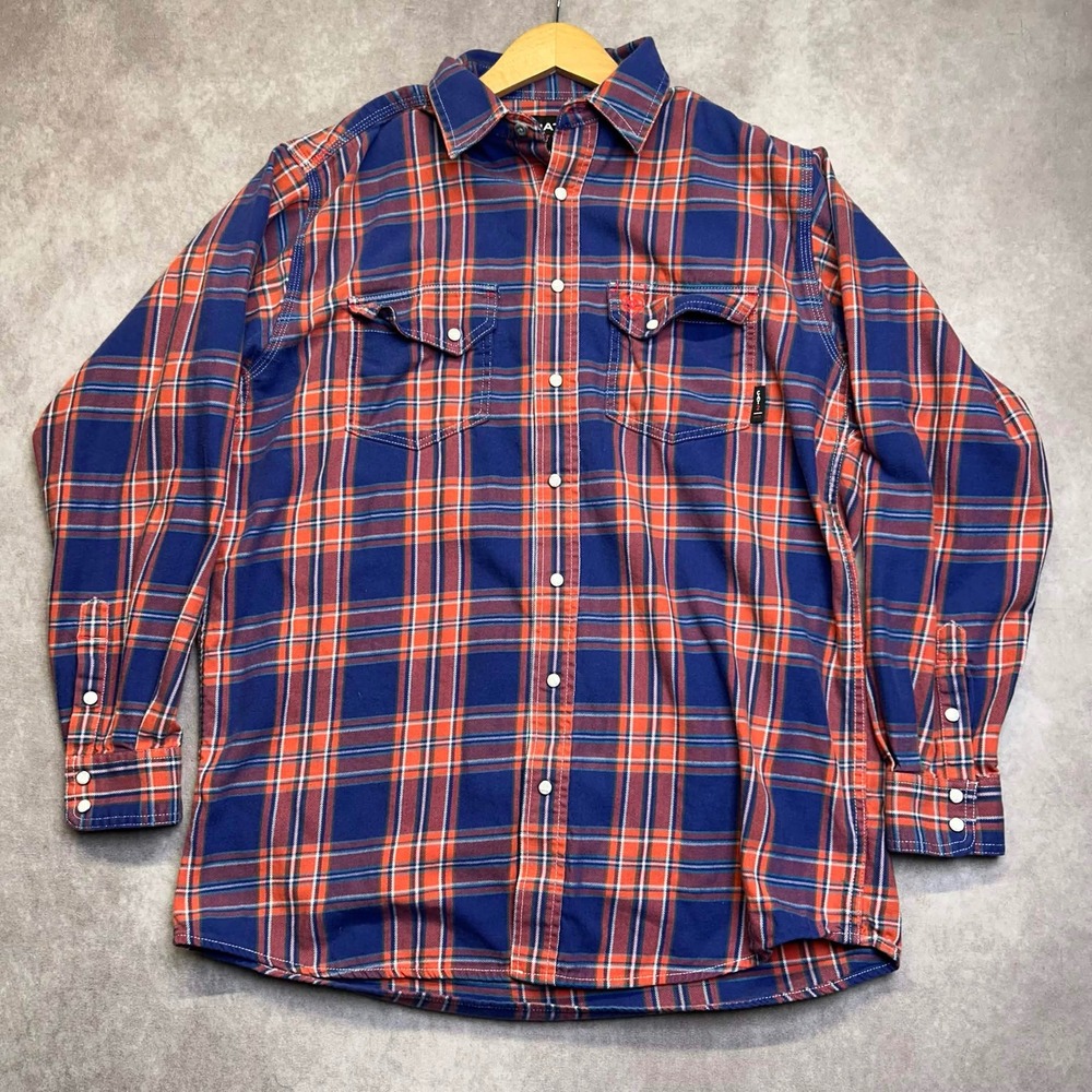 Ariat FR Mens Large Tall Blue Orange Plaid Flame Resistant Snap Work Shirt CAT 2